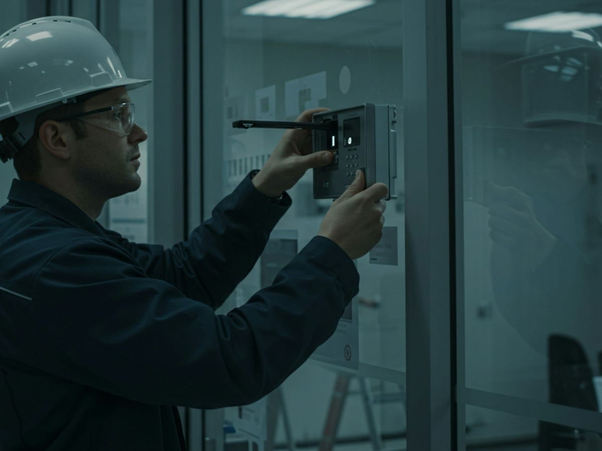 Technician in a hard hat and safety glasses examining a control panel on a glass door