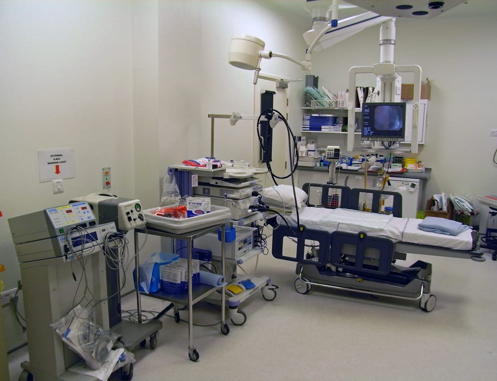 Modern endoscopy tower with flat-panel video monitor in a clinical suite