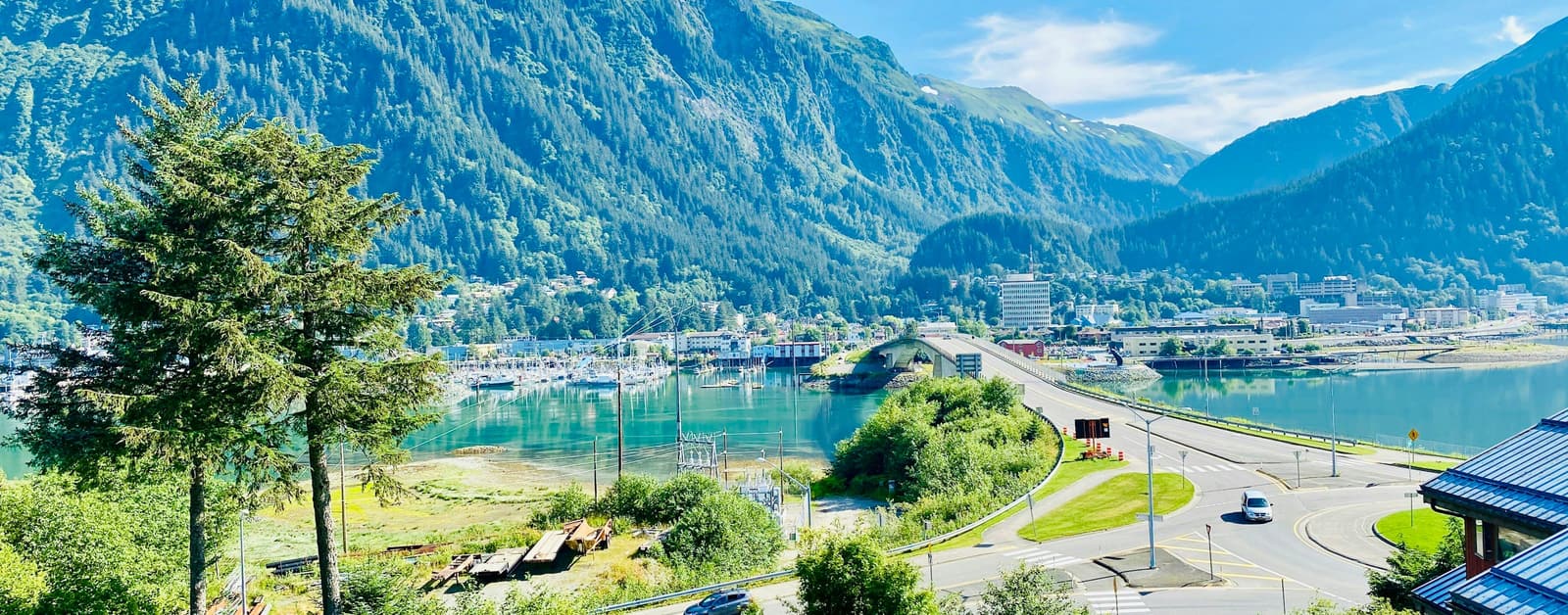 Downtown Juneau and its harbor across Gastineau Channel, mountains behind
