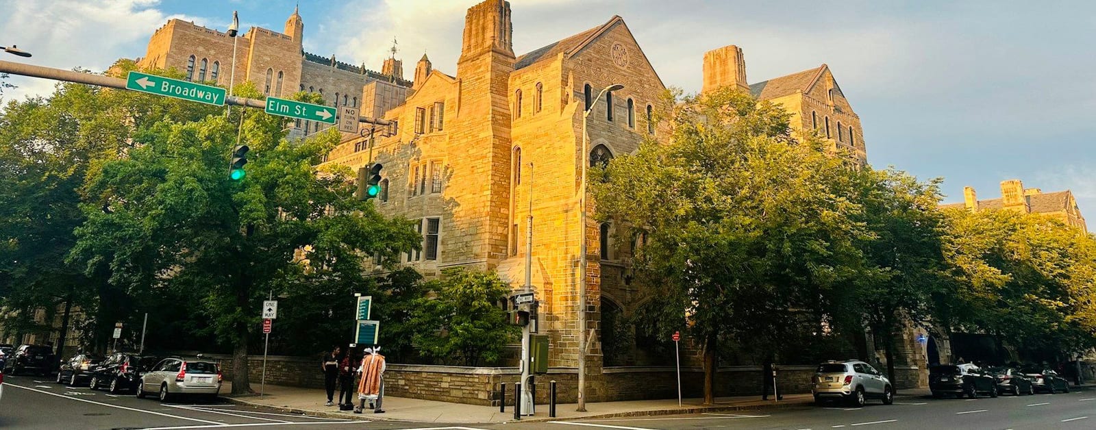 Gothic Yale University buildings at the corner of Broadway and Elm Street in New Haven