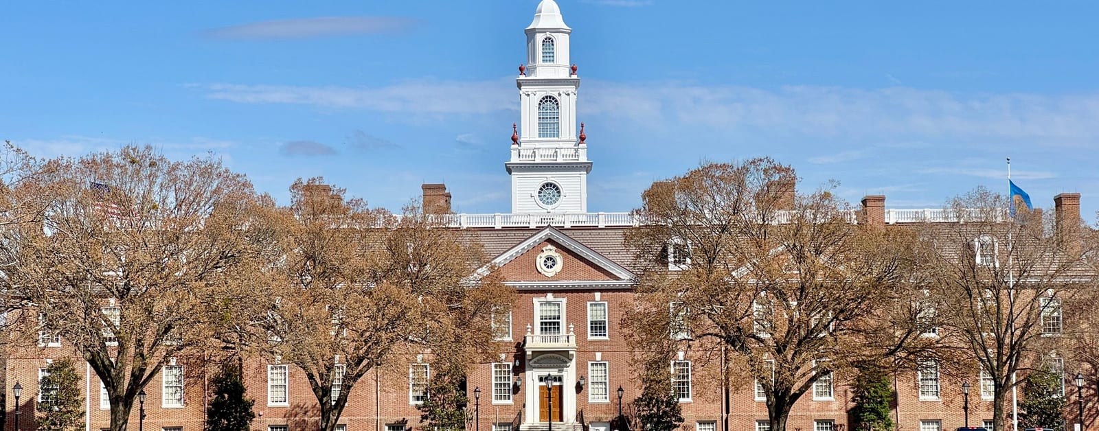Delaware Legislative Hall, the state capitol in Dover, with its white cupola behind bare trees