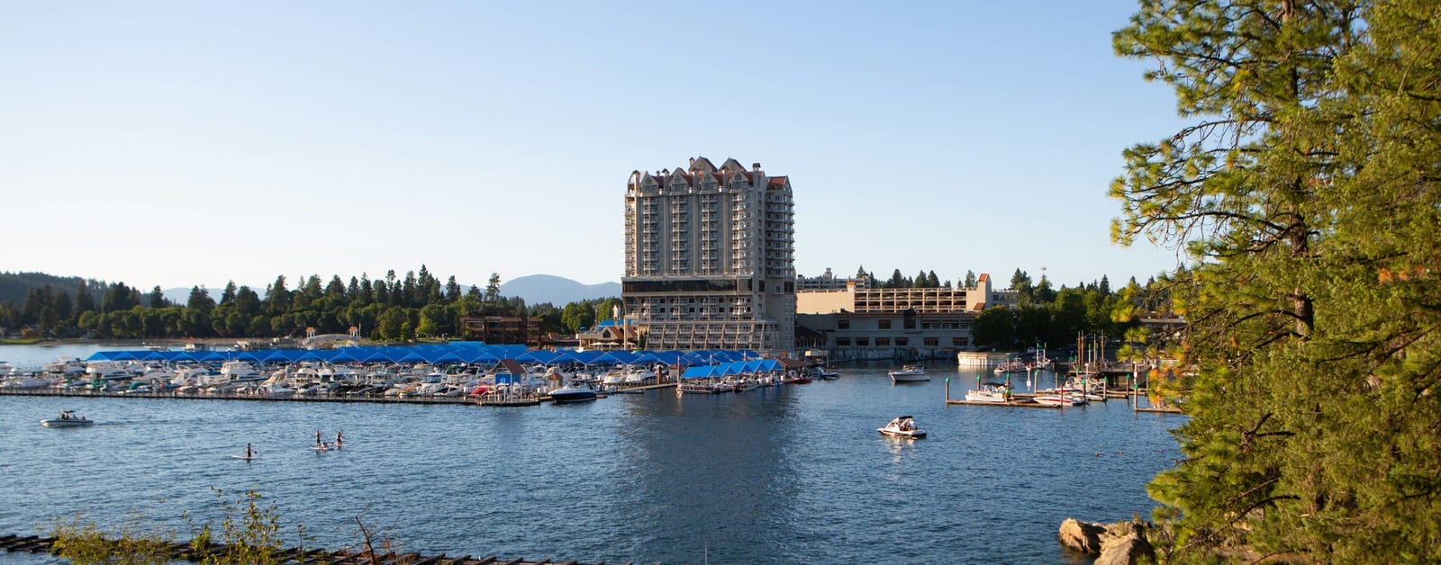 Coeur d'Alene's downtown waterfront, resort tower and marina on Lake Coeur d'Alene