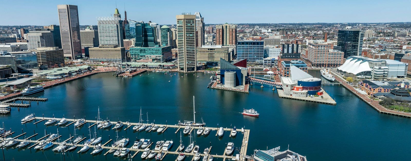 Aerial view of Baltimore's Inner Harbor and downtown skyline