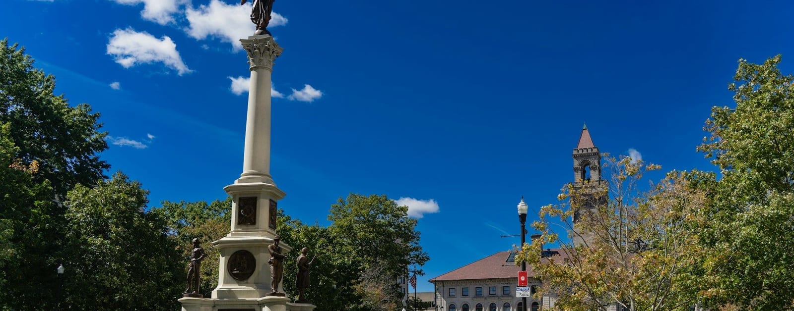 The Soldiers' Monument on Worcester Common with the City Hall tower behind