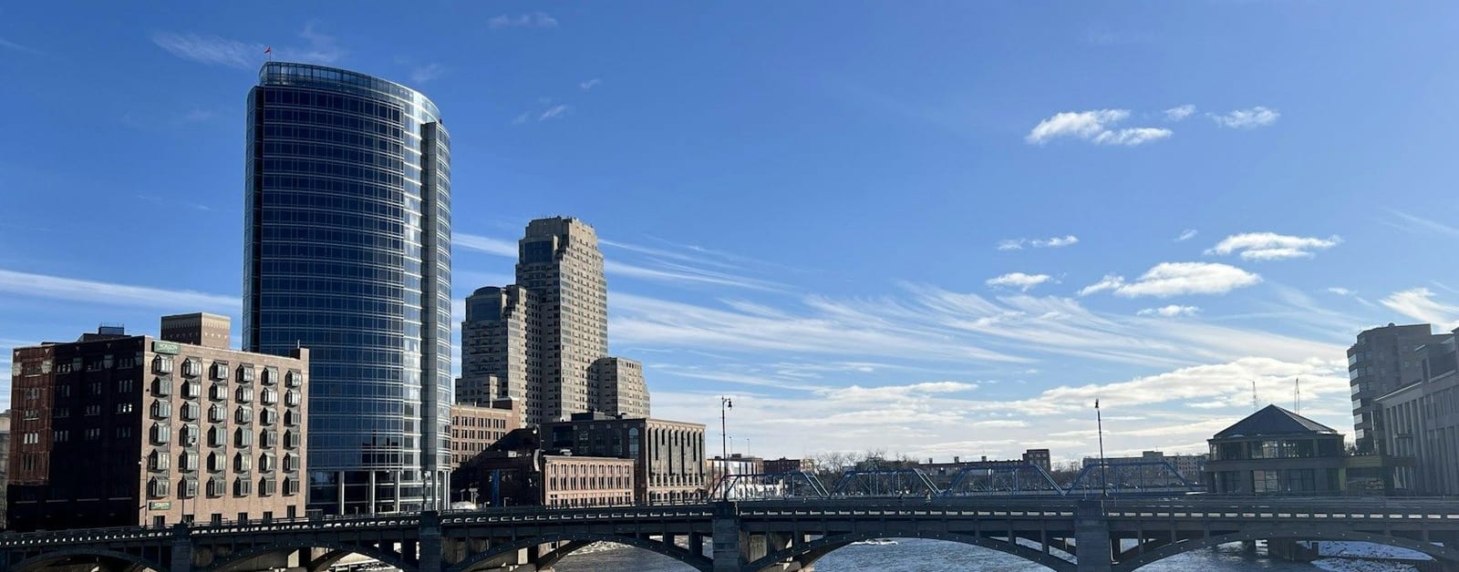 Downtown Grand Rapids towers and a bridge over the Grand River