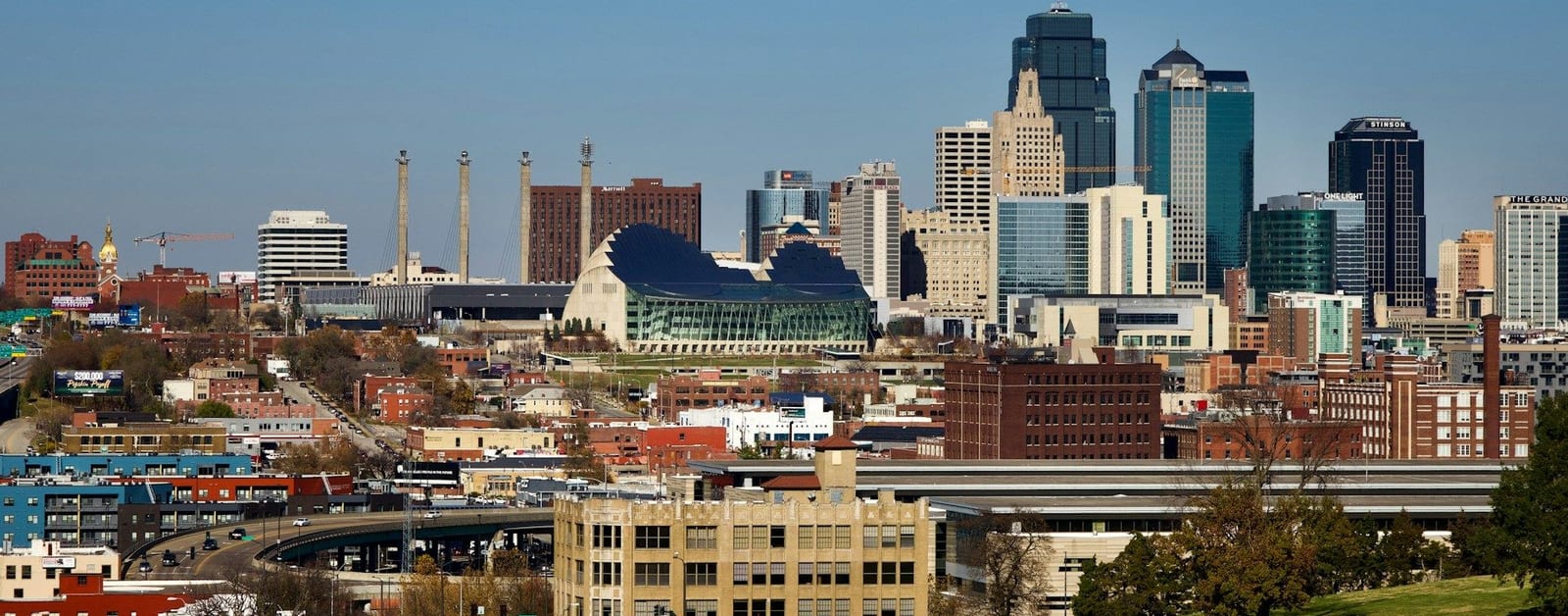 The downtown Kansas City, Missouri skyline with the Kauffman Center