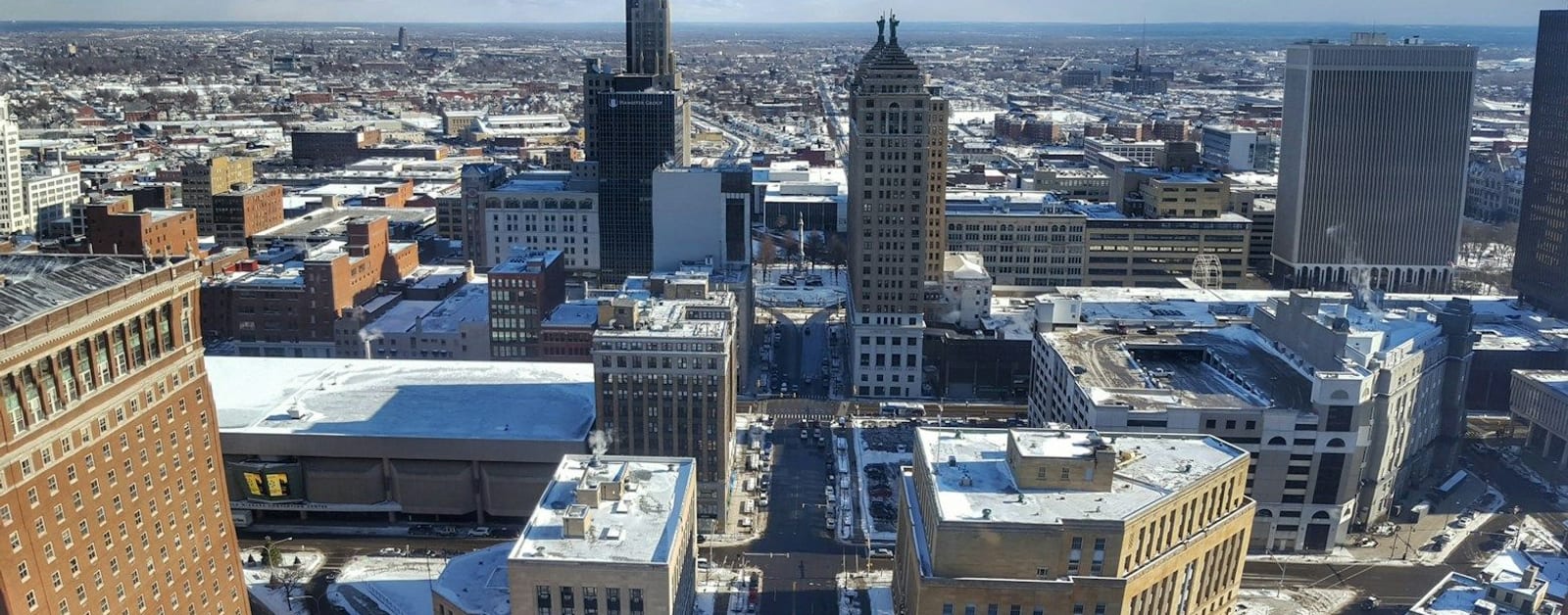 Aerial view of downtown Buffalo in winter with the Liberty Building and Lafayette Square