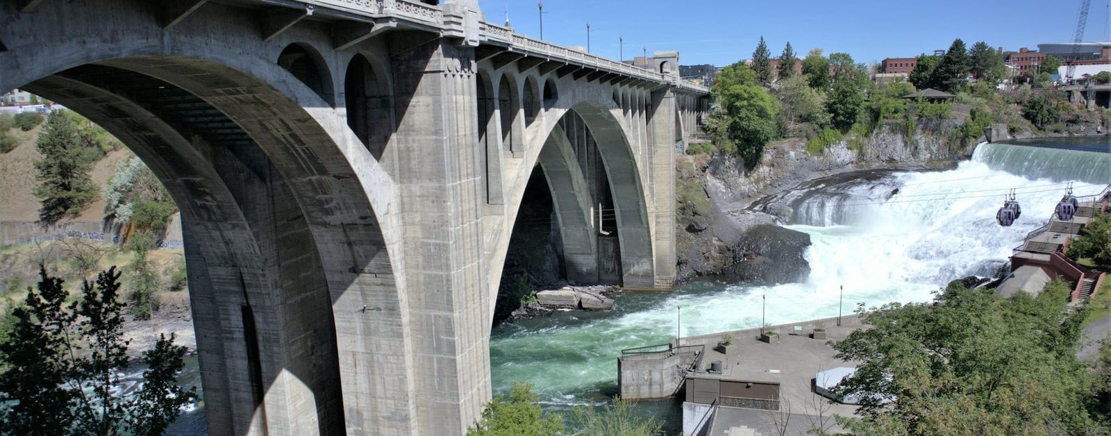 Monroe Street Bridge arches over Spokane Falls in downtown Spokane