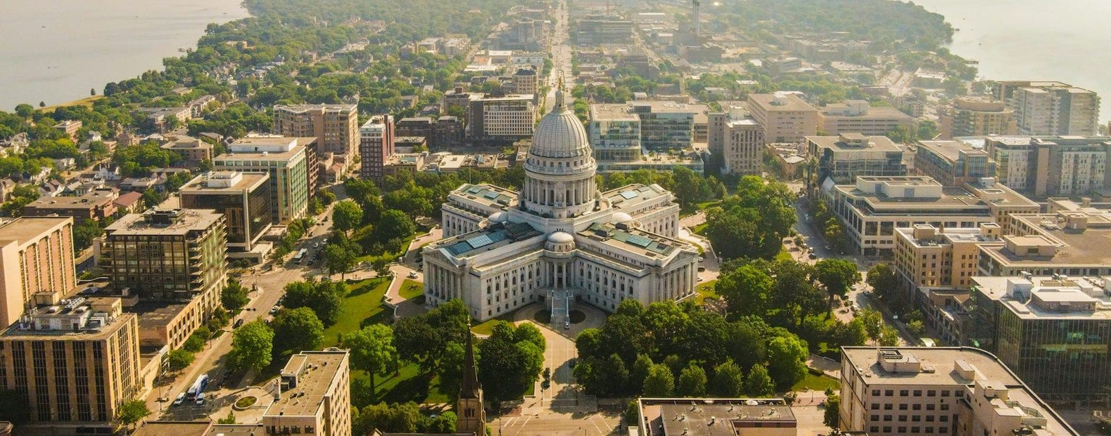Aerial view of the Wisconsin State Capitol and Capitol Square in downtown Madison
